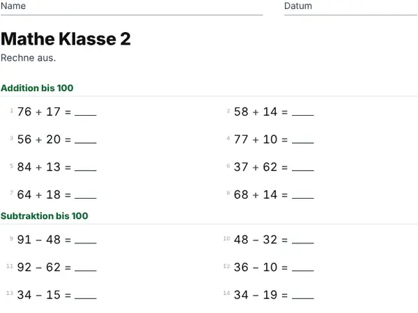 Beispielblatt: Klasse 2