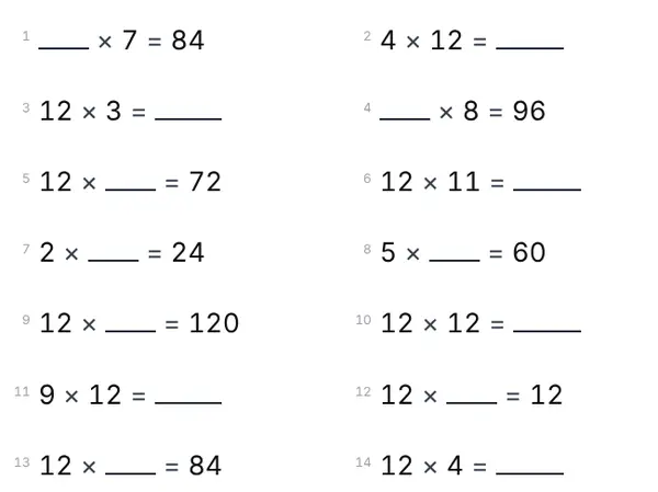Example: 12 times table