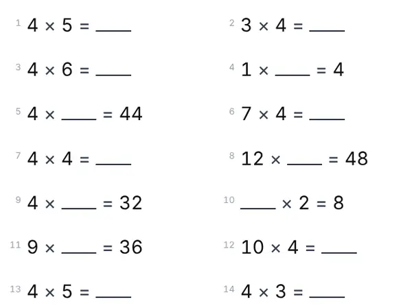 Example: 4 times table
