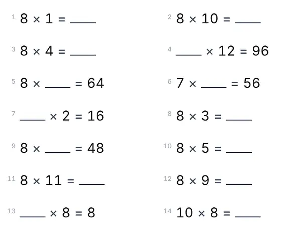 Example: 8 times table