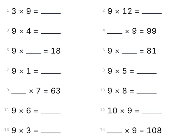 Example: 9 times table